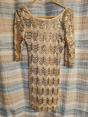 Crystal Doll Champagne and Gold Sequin Midi Dress